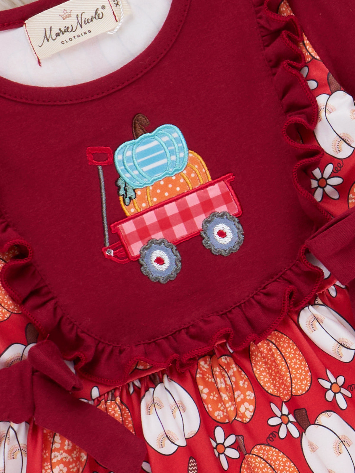 Maroon Pumpkin Wagon Embroidered Bow Dress - Marie Nicole Clothing