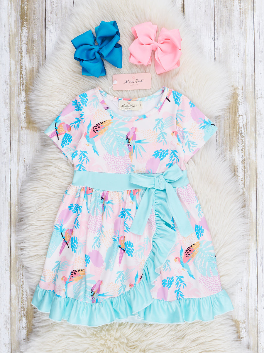 Pink & Teal Parrots Wrap Ruffle Dress Marie Nicole Clothing