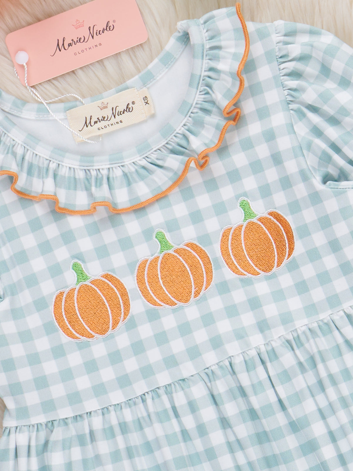 Gingham Pumpkin Spice Embroidered Dress - Marie Nicole Clothing