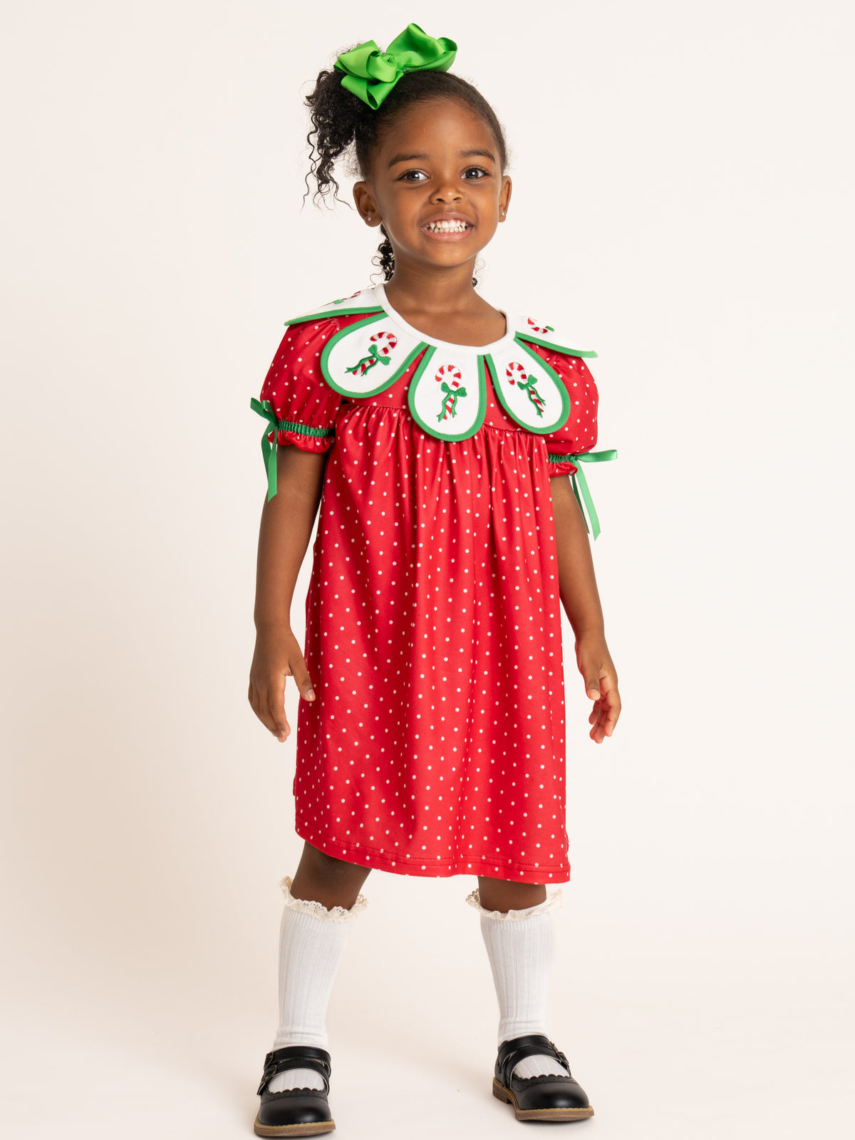 Candy Cane Embroidered Scalloped Collar Bow Dress - Marie Nicole Clothing