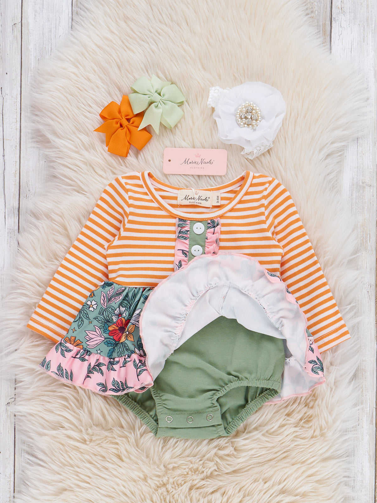 Garden Bloom Striped Ruffle Bubble Romper - Marie Nicole Clothing