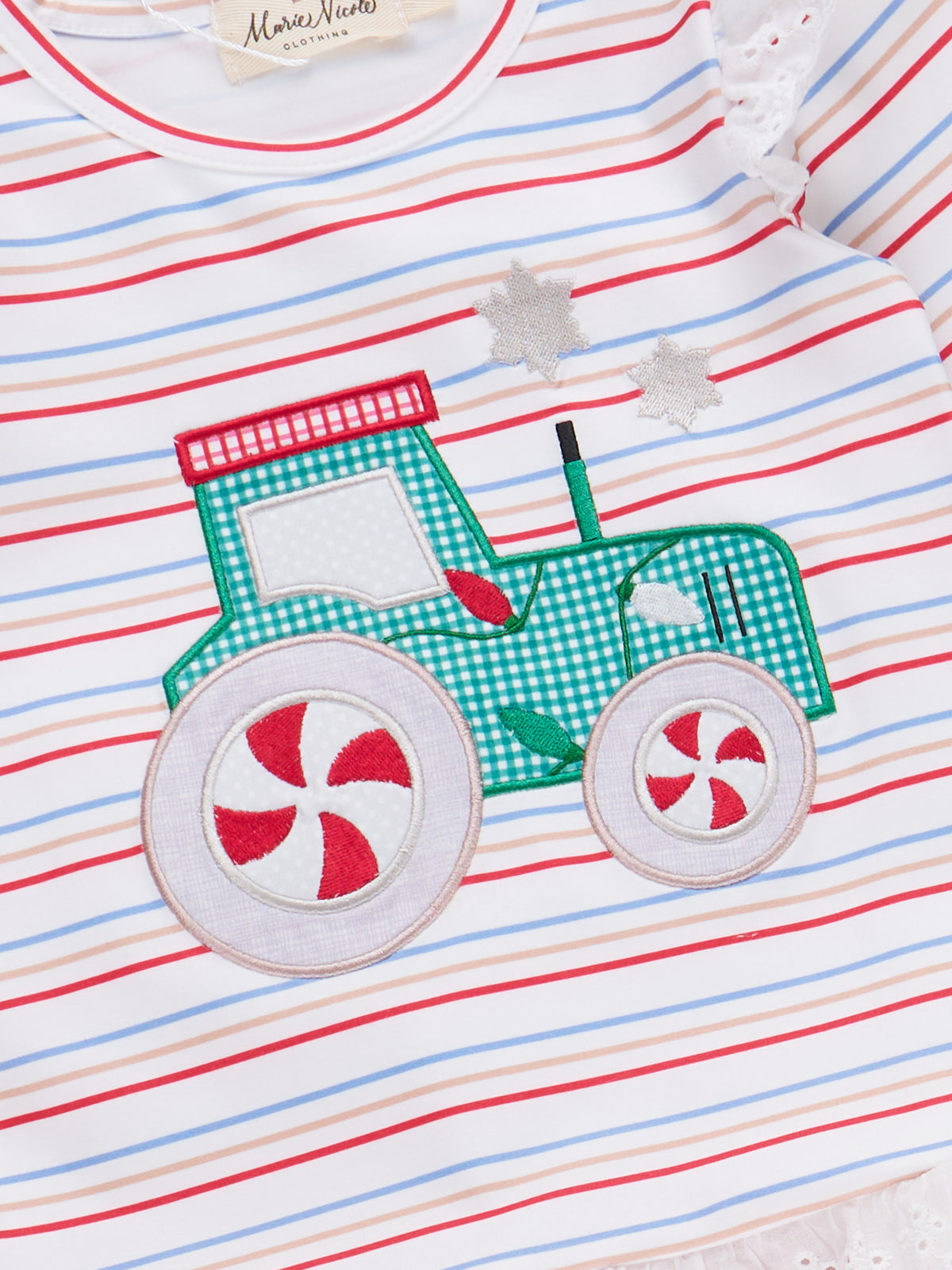 Peppermint Wheels Embroidered Striped Ruffle Outfit - Marie Nicole Clothing