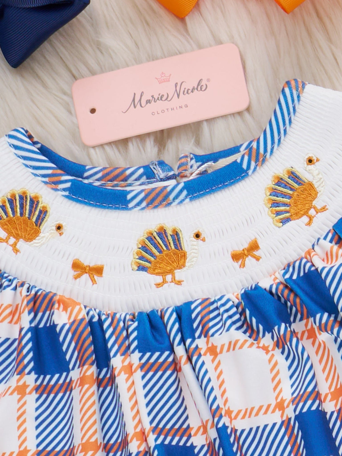 Plaid Smocked Embroidered Bows & Turkeys Dress - Marie Nicole Clothing