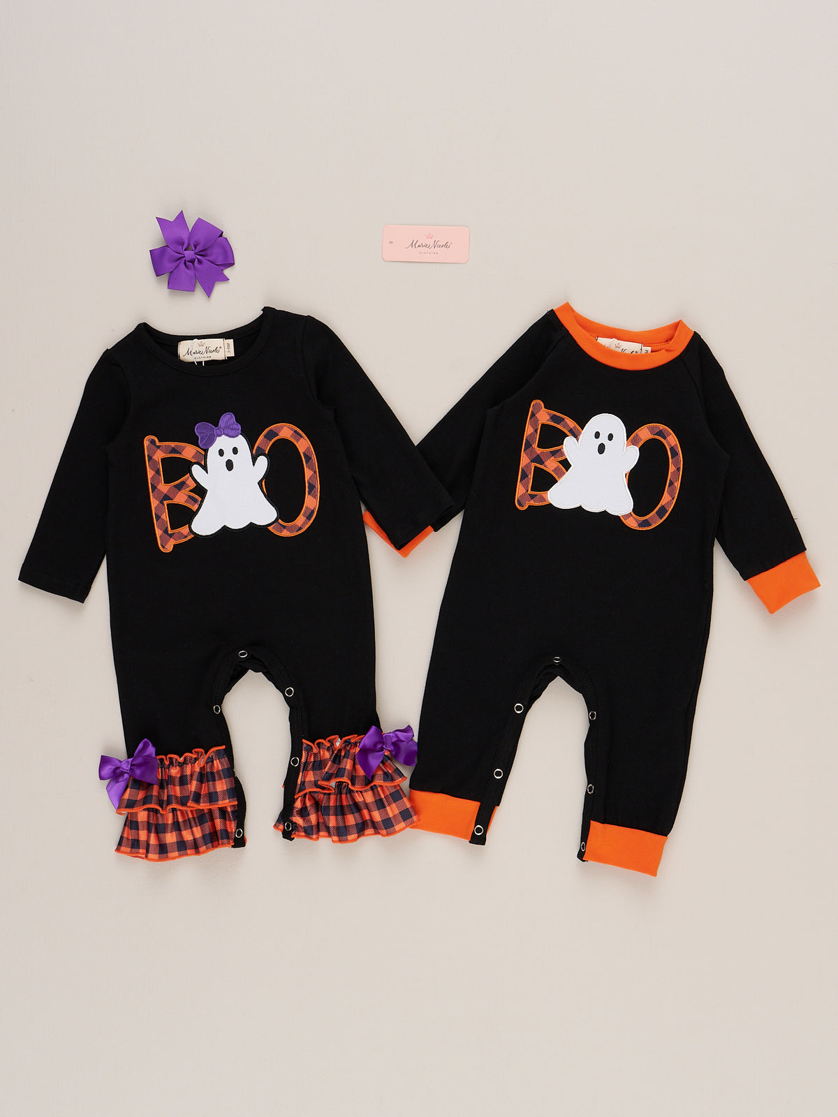 Orange & Black Ghostly Gingham Ruffle Romper - Marie Nicole Clothing