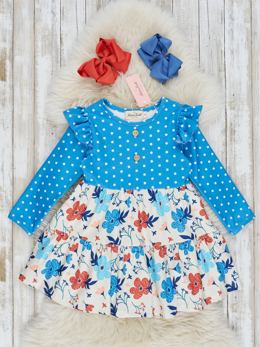 Blue Polka Dot & Floral Ruffle Dress – Marie Nicole Clothing