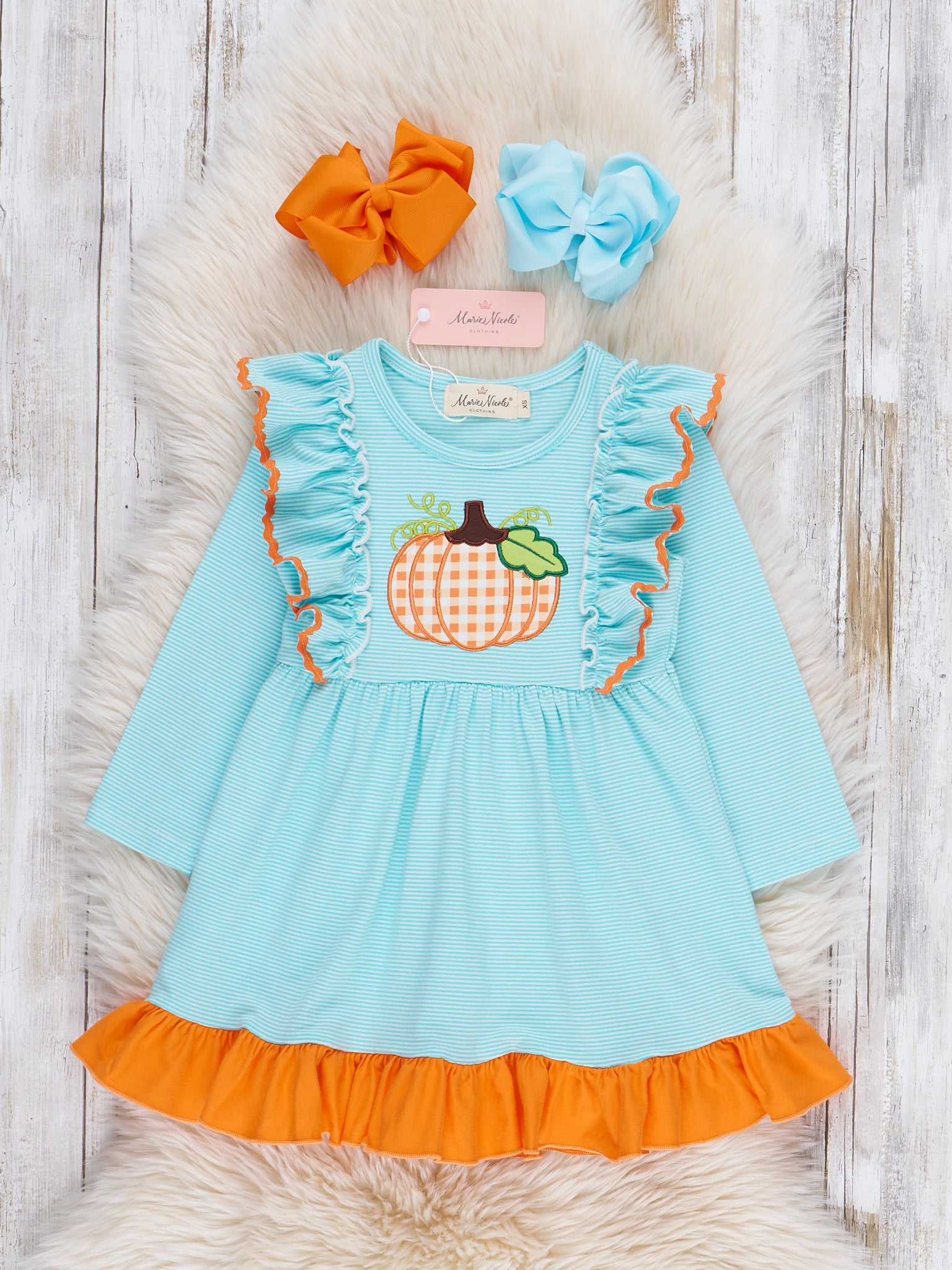 Light Blue Stripes Pumpkin Ruffle Dress - Marie Nicole Clothing