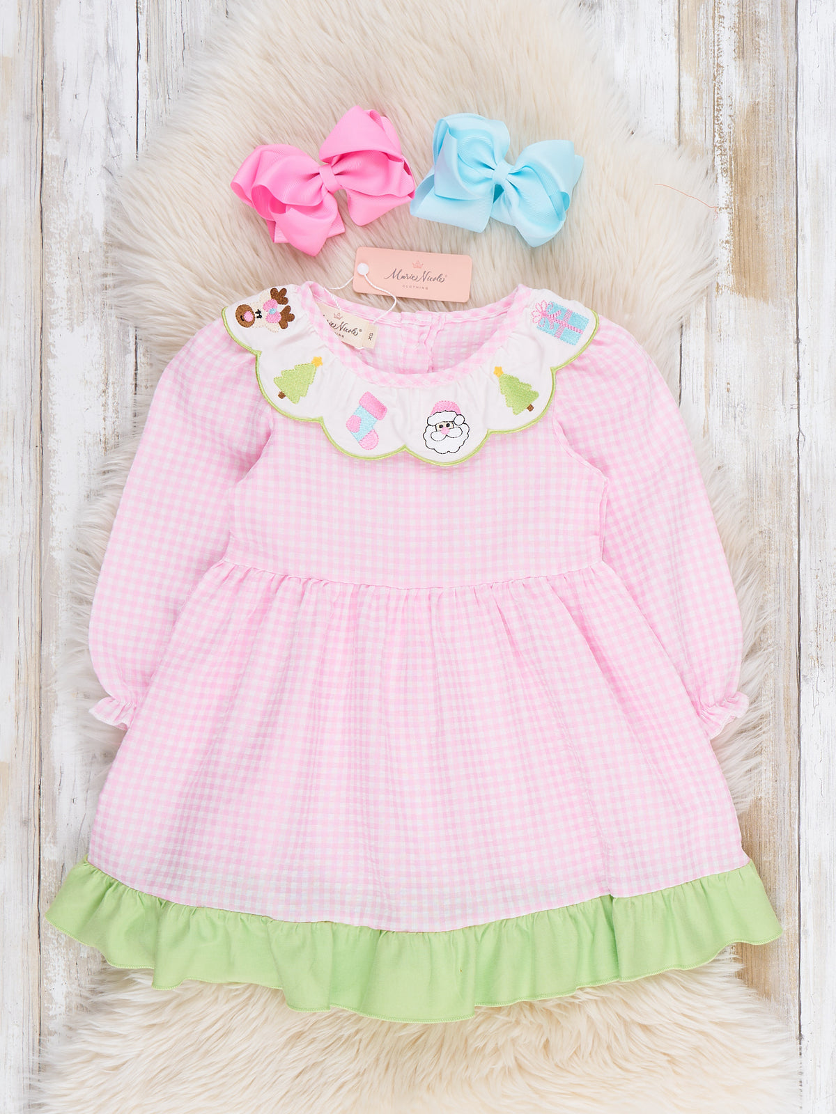 Christmas Celebration Gingham Embroidered Dress - Marie Nicole Clothing