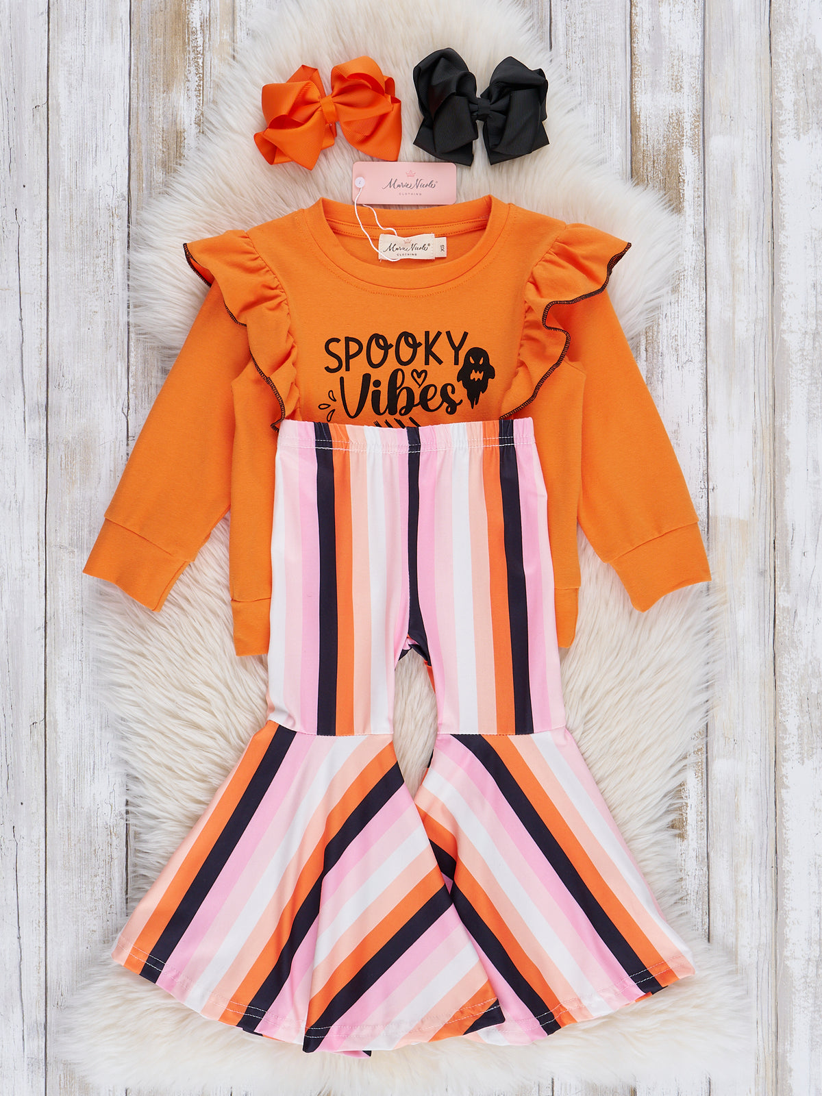 Orange "Spooky Vibes" Striped Bell Bottom Outfit - Marie Nicole Clothing