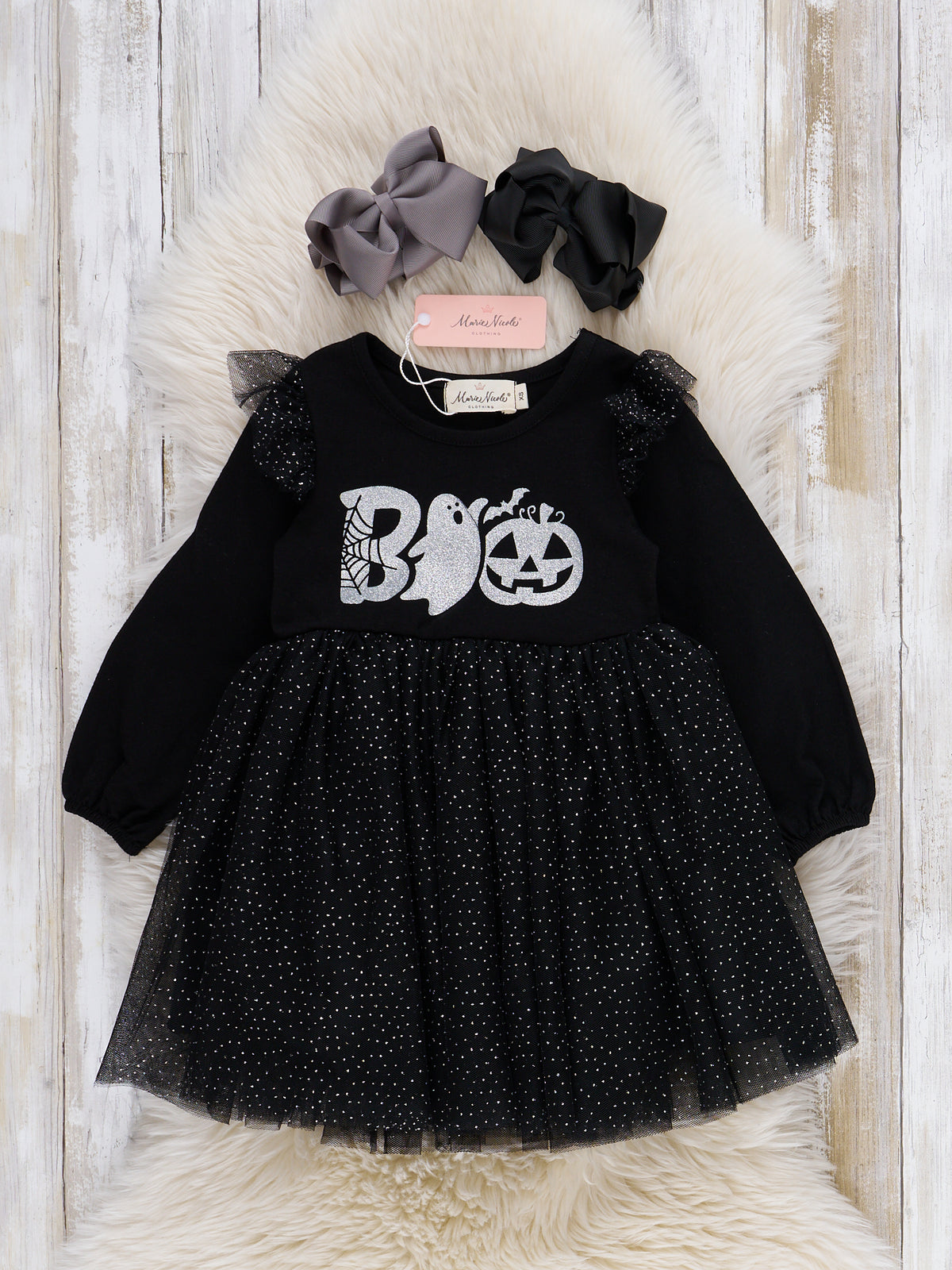 Midnight "Boo" Glitter Tulle Dress - Marie Nicole Clothing
