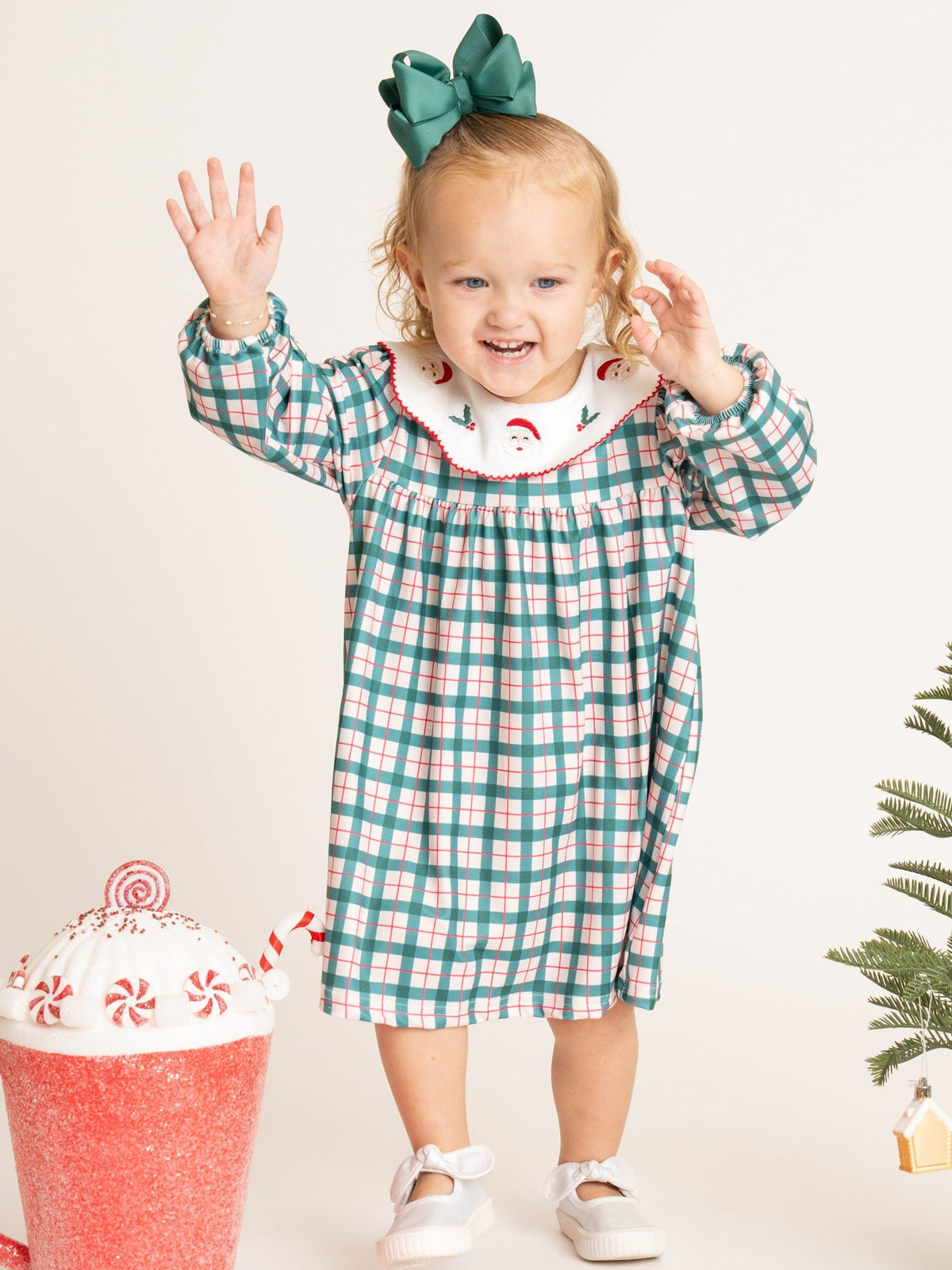 Santa Cheer Embroidered Collar Plaid Dress - Marie Nicole Clothing