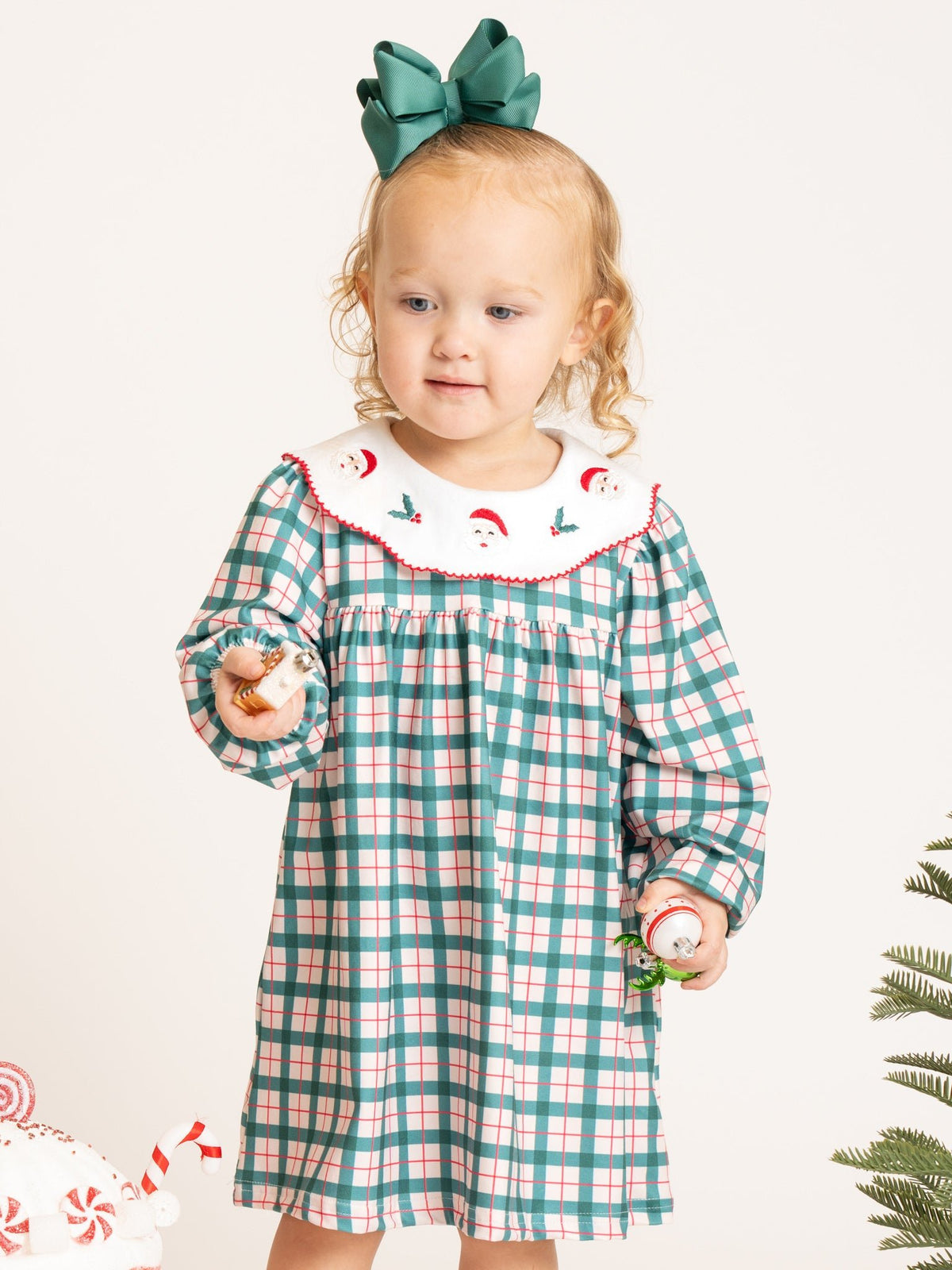 Santa Cheer Embroidered Collar Plaid Dress - Marie Nicole Clothing