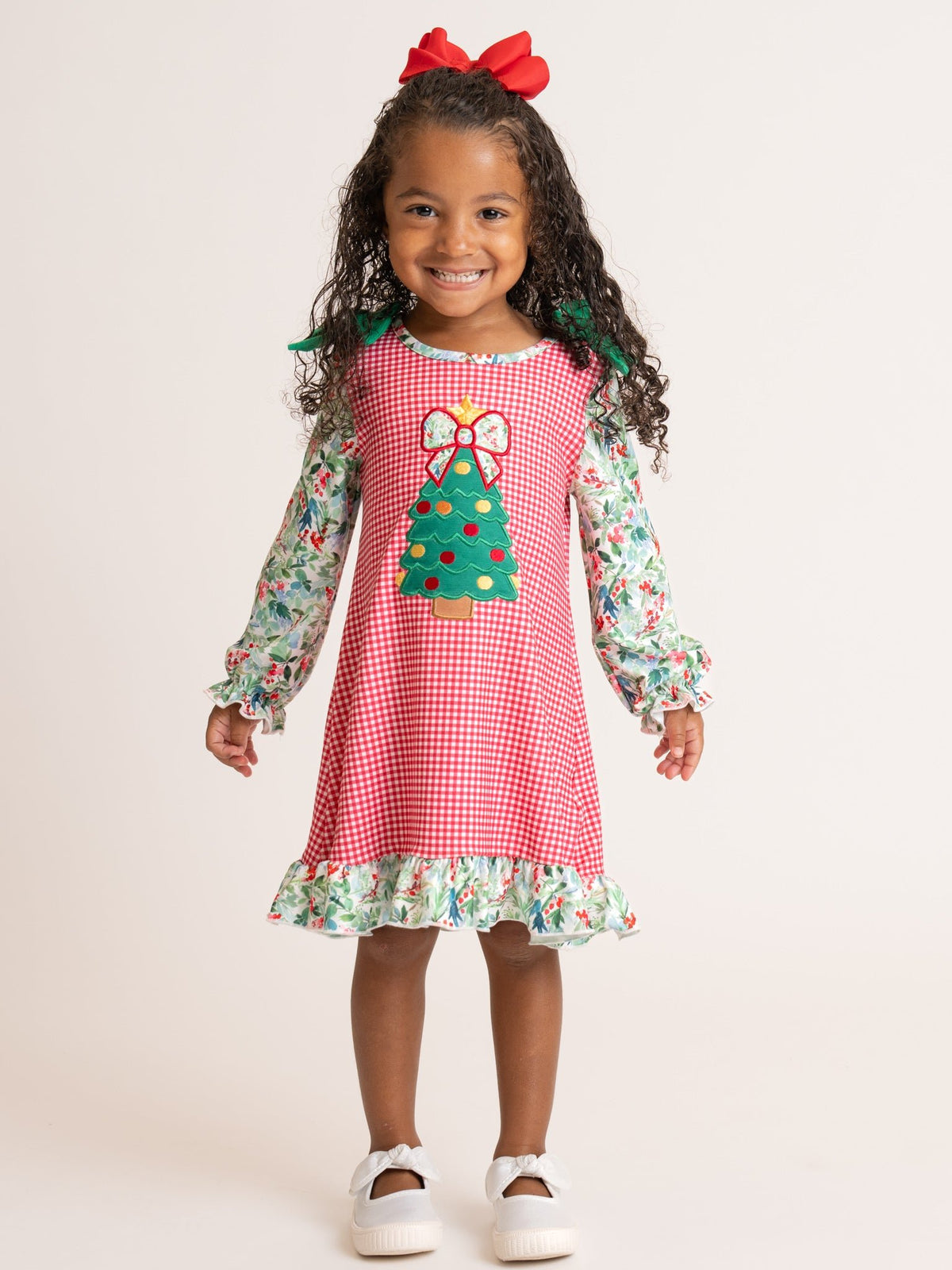 Gingham Christmas Tree Blooms Embroidered Dress - Marie Nicole Clothing