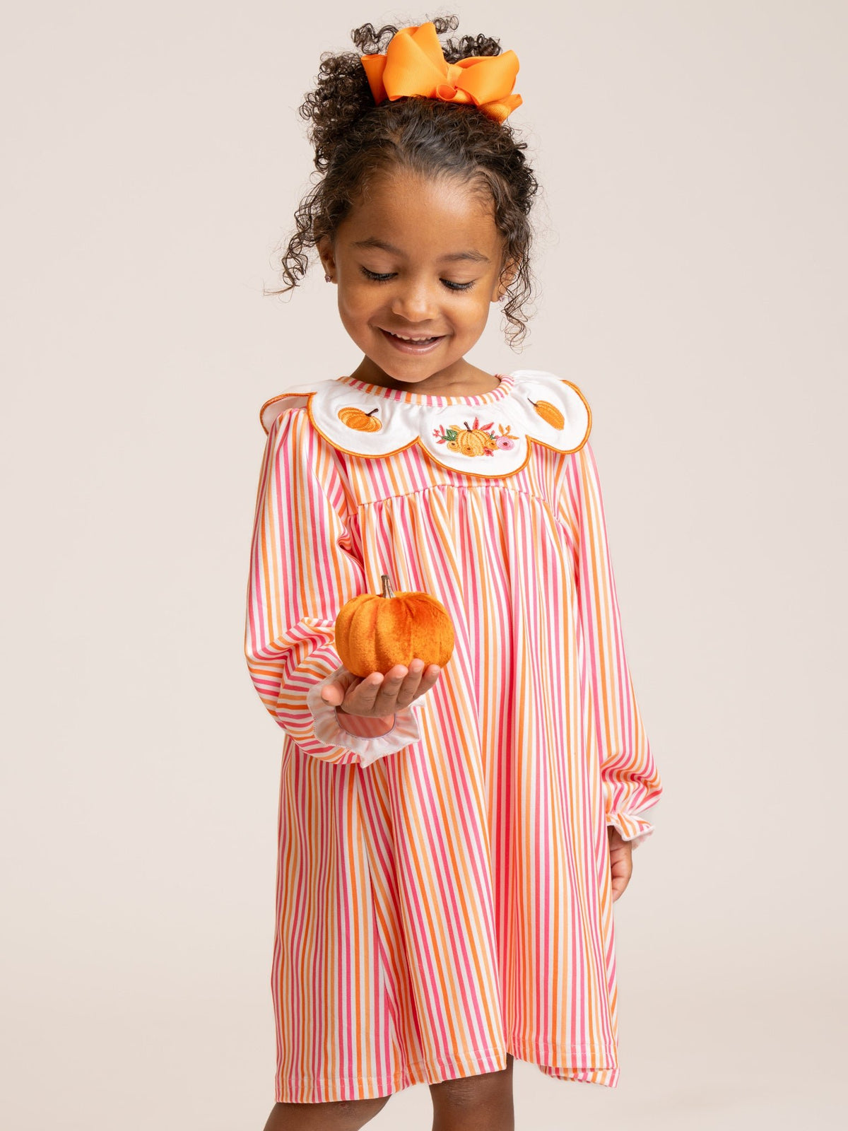 Autumn Stripe Pumpkin Scalloped Collar Dress - Marie Nicole Clothing