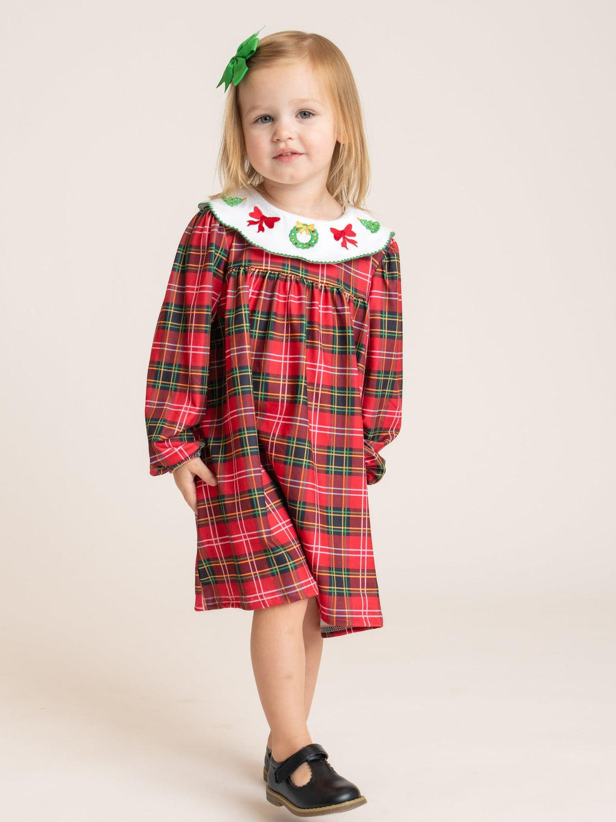 Carol Wreath Embroidered Plaid Dress - Marie Nicole Clothing