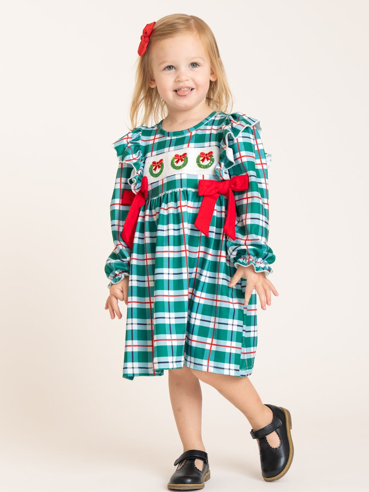 Magic Wreath Smocked Plaid Bow Dress - Marie Nicole Clothing