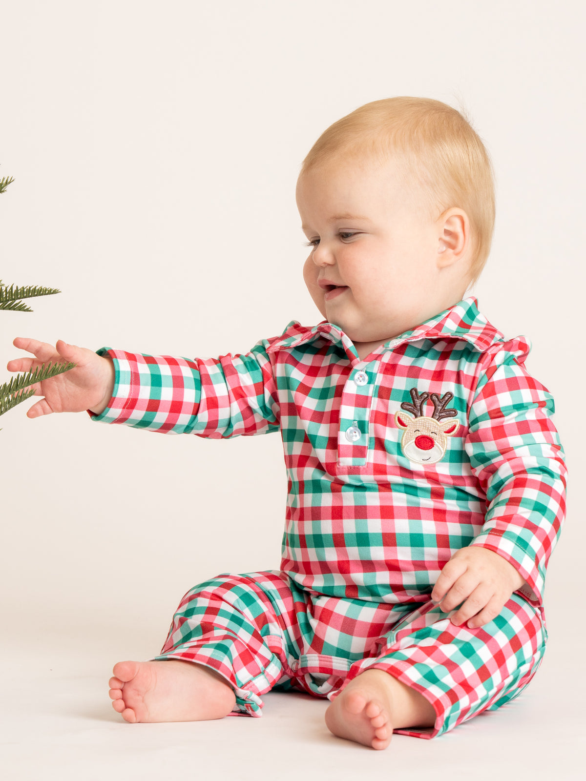 Reindeer Cheer Applique Gingham Polo Romper - Marie Nicole Clothing