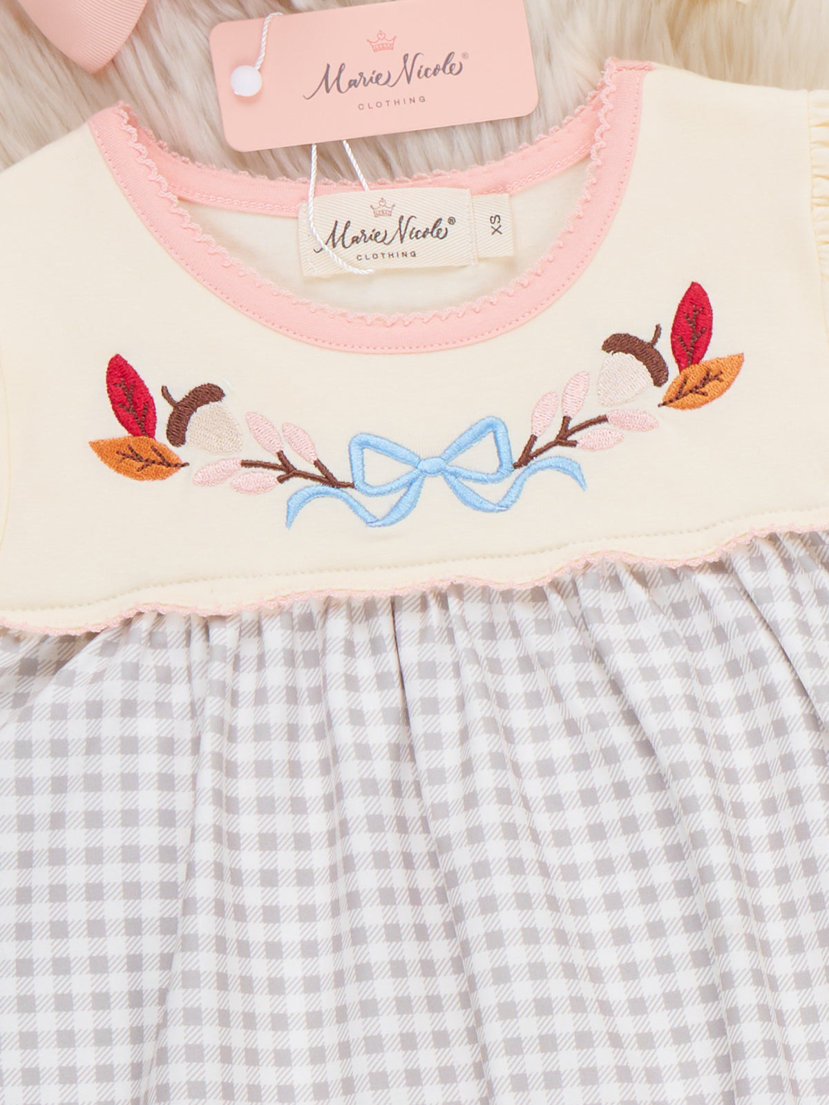 Autumn Acorns Bows Embroidered Plaid Bell-Bottom Outfit - Marie Nicole Clothing