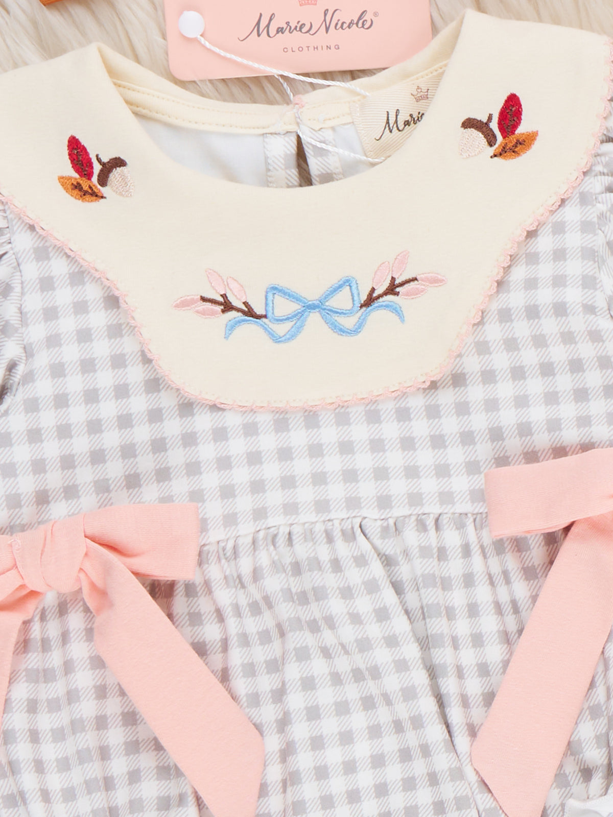 Autumn Acorns Bows Embroidered Plaid Bubble Romper - Marie Nicole Clothing