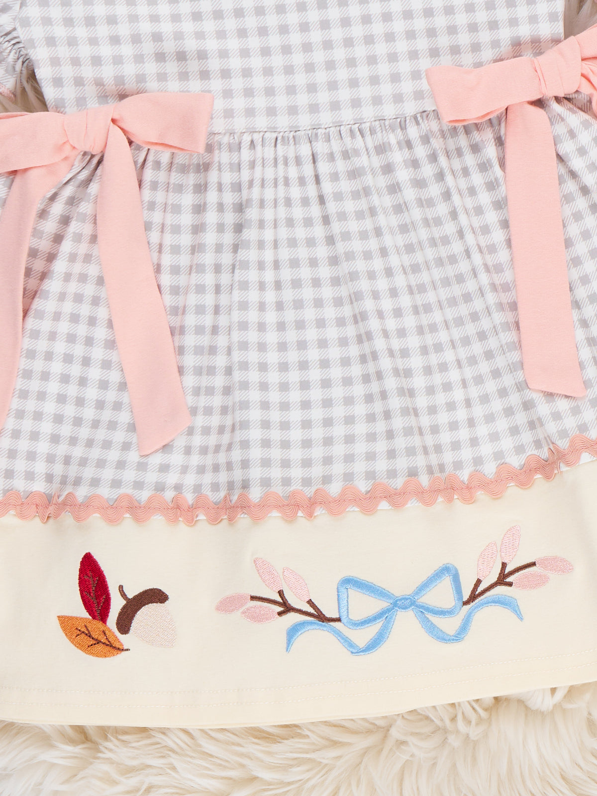 Autumn Acorns Bows Embroidered Plaid Dress - Marie Nicole Clothing