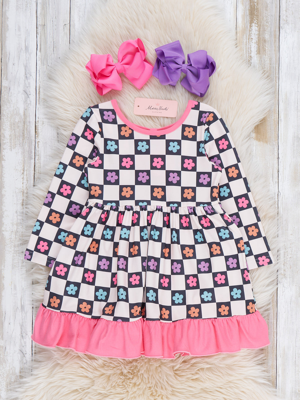 Checkered Petal Grove Ruffle Dress - Marie Nicole Clothing