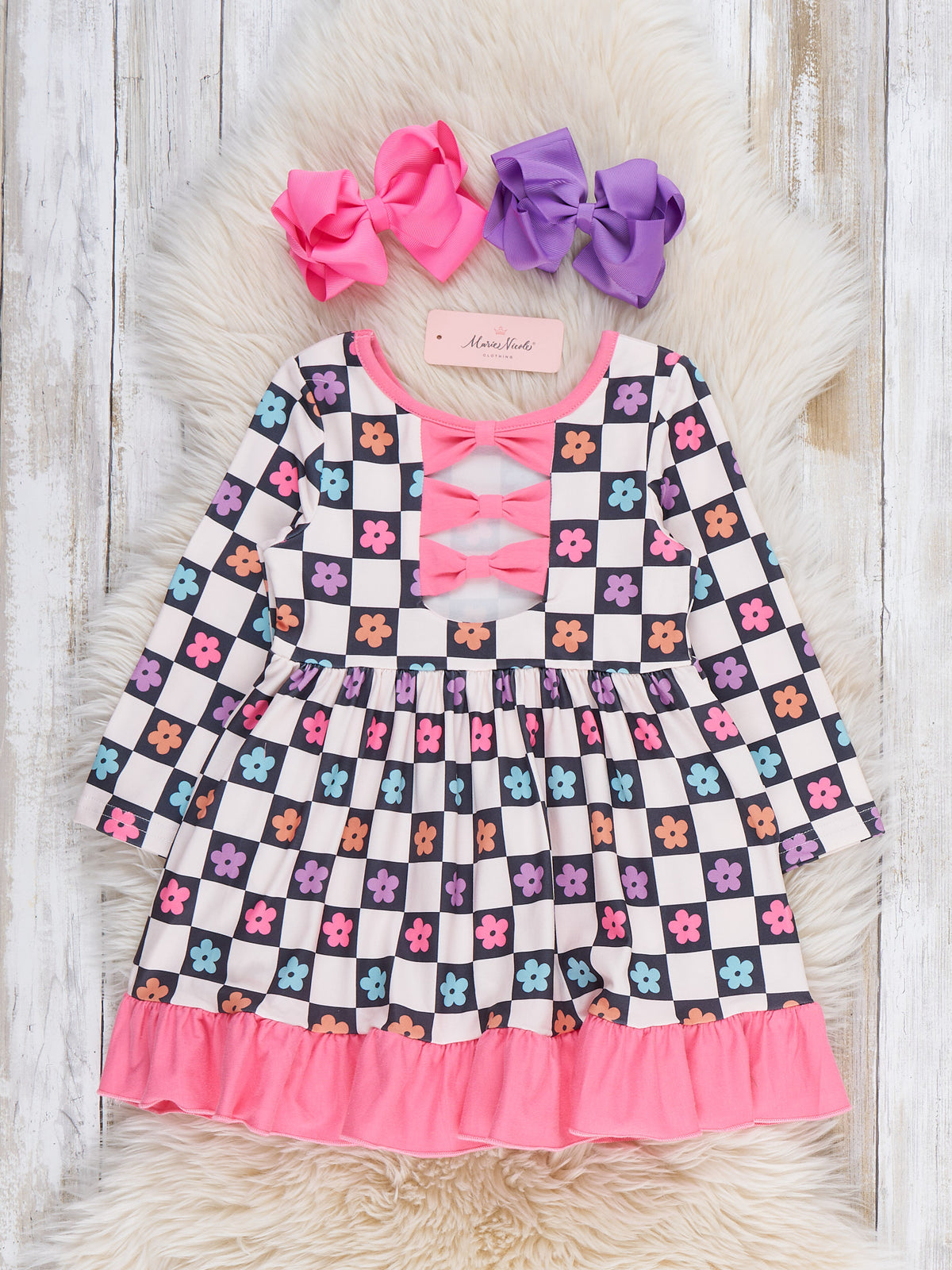 Checkered Petal Grove Ruffle Dress - Marie Nicole Clothing