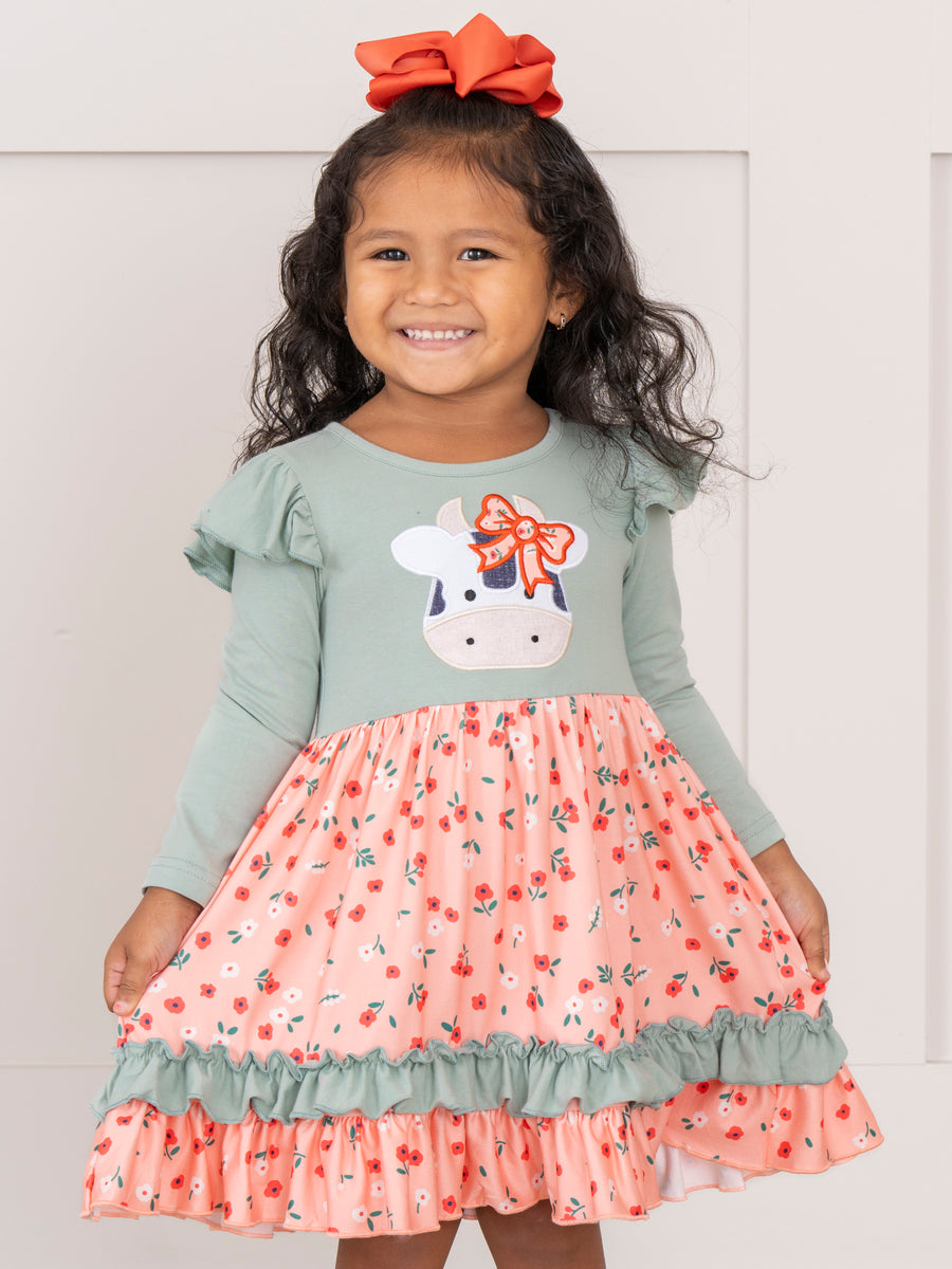 mint green and coral dress Mint & Coral Embroidered Cow Floral Ruffle Dress