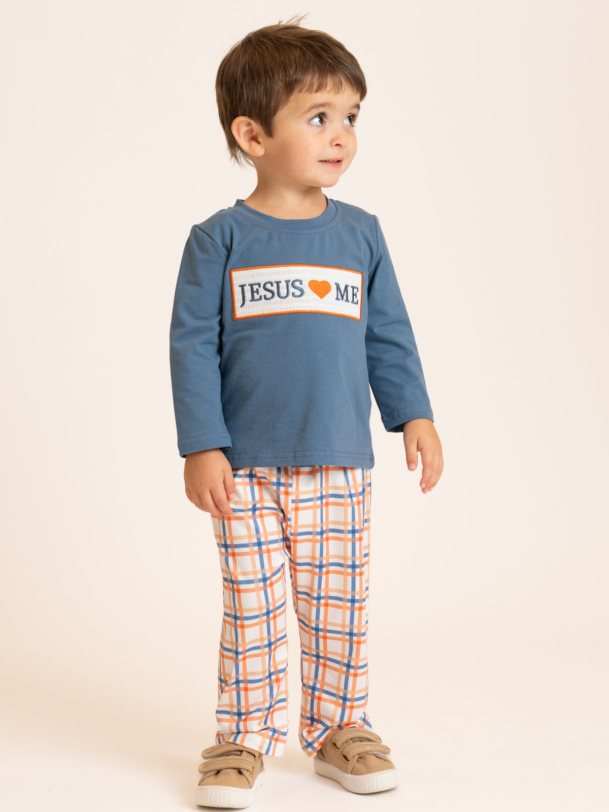 Graceful Plaid "Jesus Loves Me" Outfit - Marie Nicole Clothing