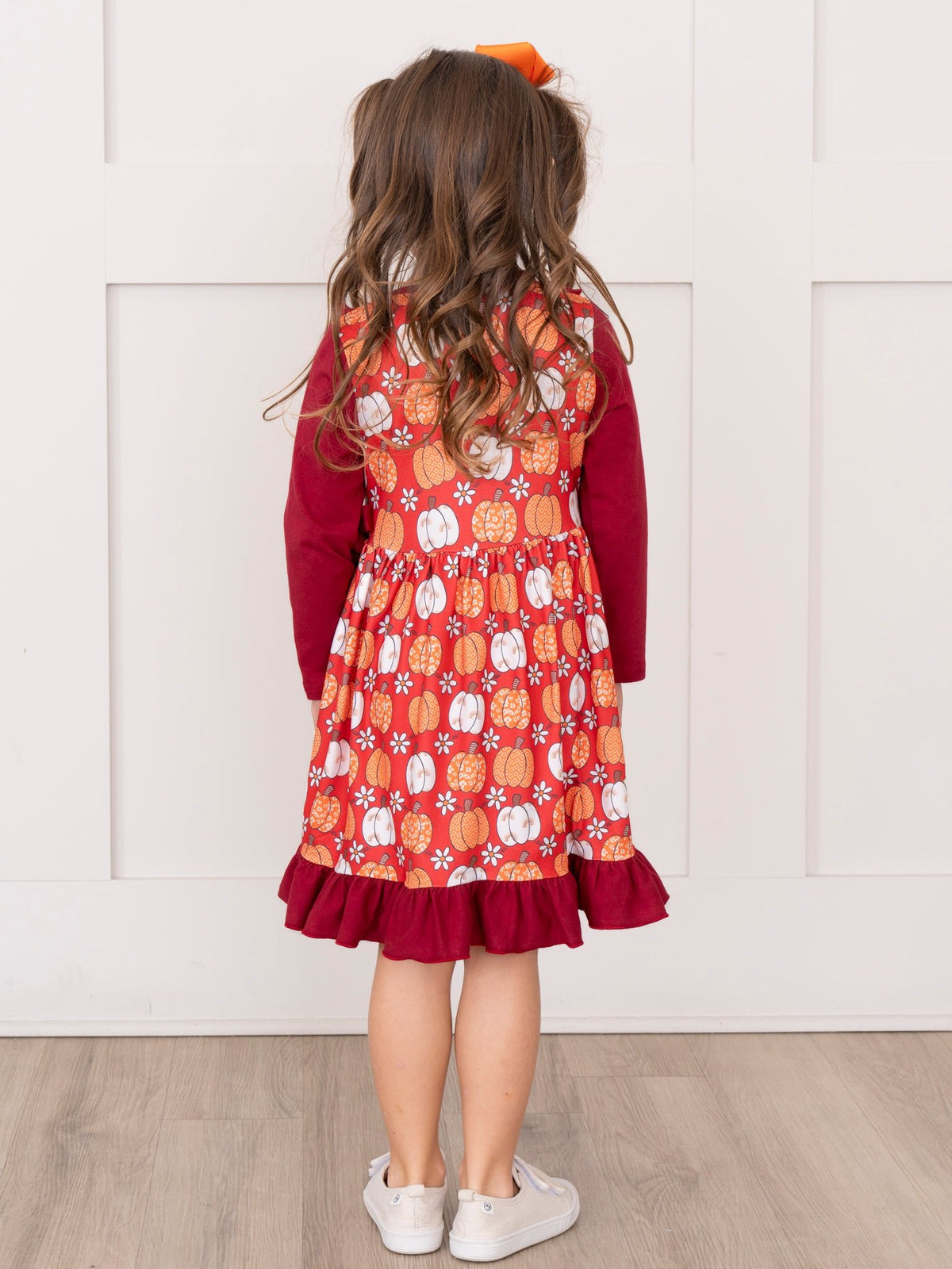 Maroon Pumpkin Wagon Embroidered Bow Dress - Marie Nicole Clothing