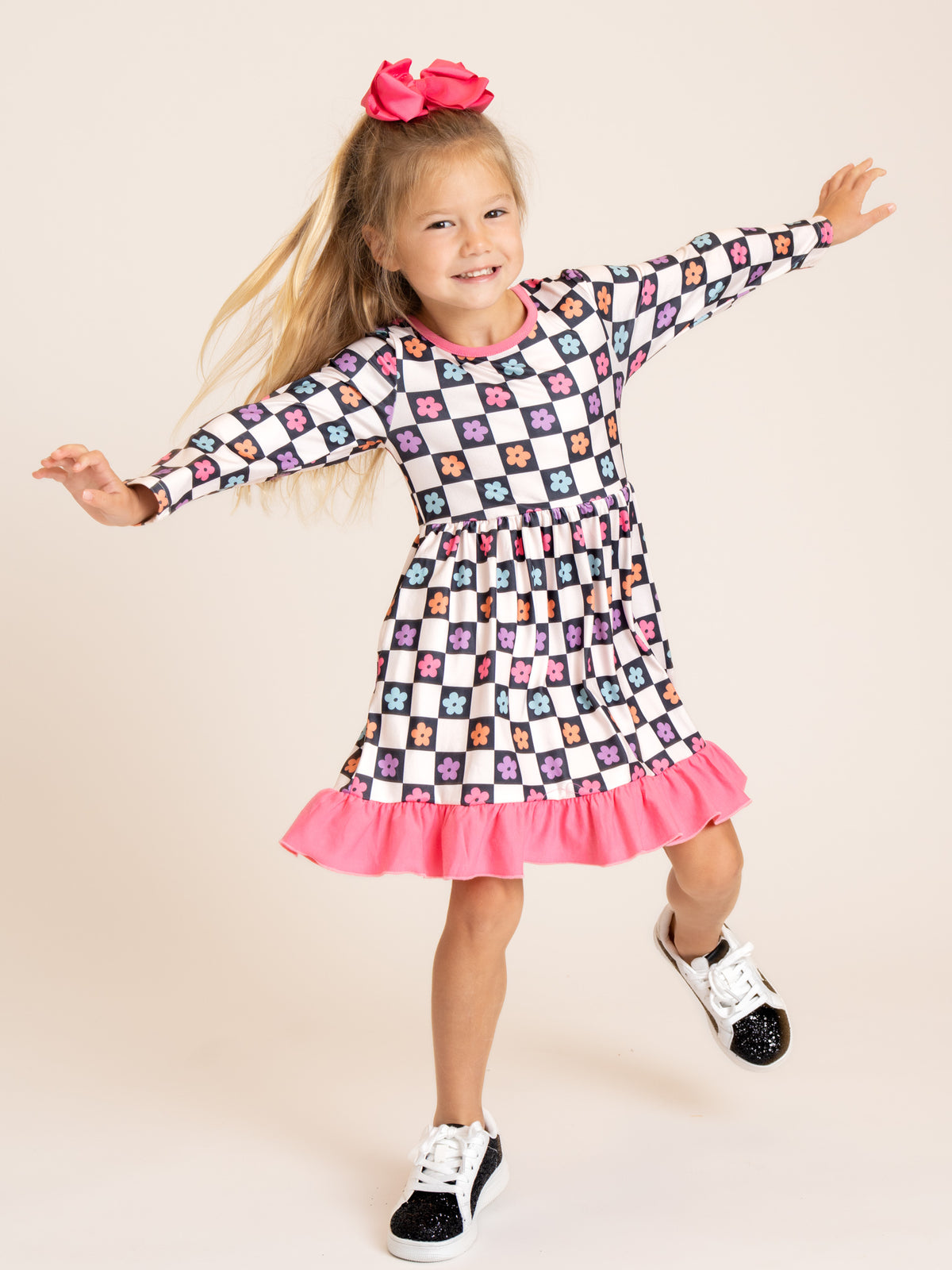 Checkered Petal Grove Ruffle Dress - Marie Nicole Clothing