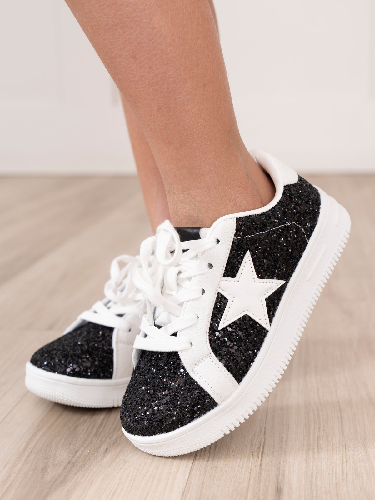 Girls' Sparkle Star Sneaker - Black Glitter - Marie Nicole Clothing