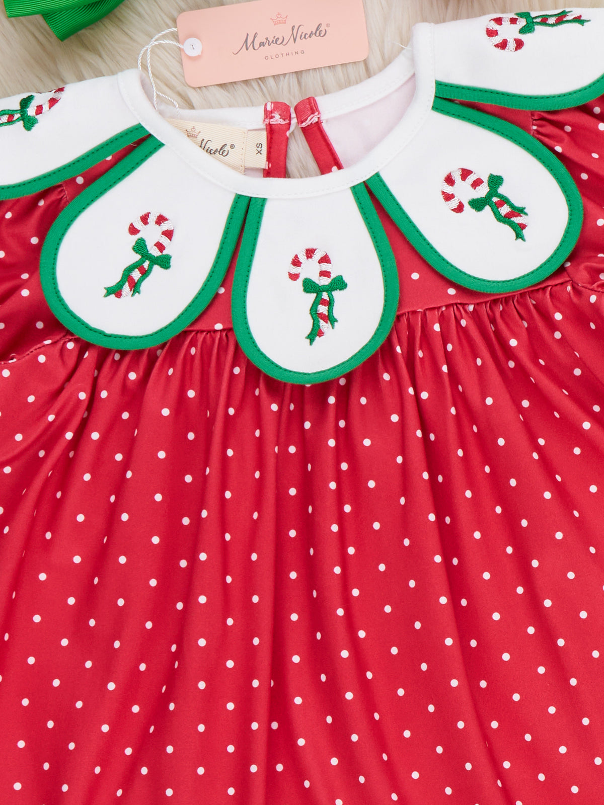 Candy Cane Embroidered Scalloped Collar Bow Dress - Marie Nicole Clothing