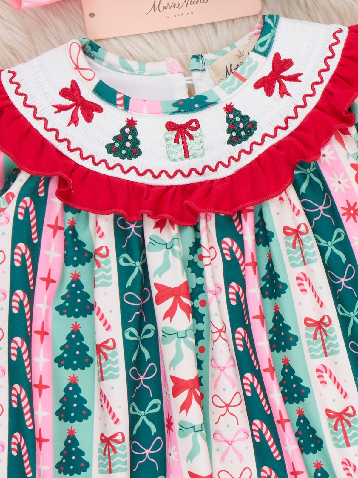 Wonderland Wishes Christmas Tree & Bow Embroidered Dress - Marie Nicole Clothing