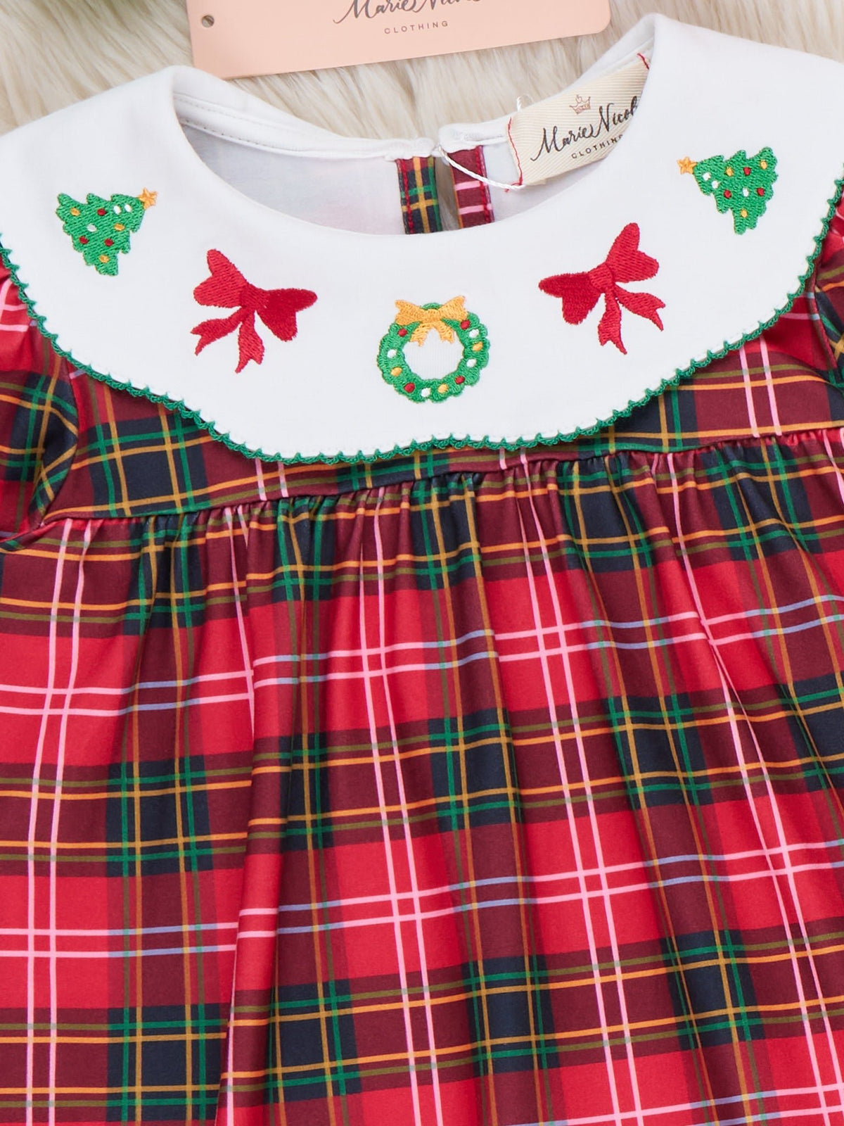 Carol Wreath Embroidered Plaid Dress - Marie Nicole Clothing
