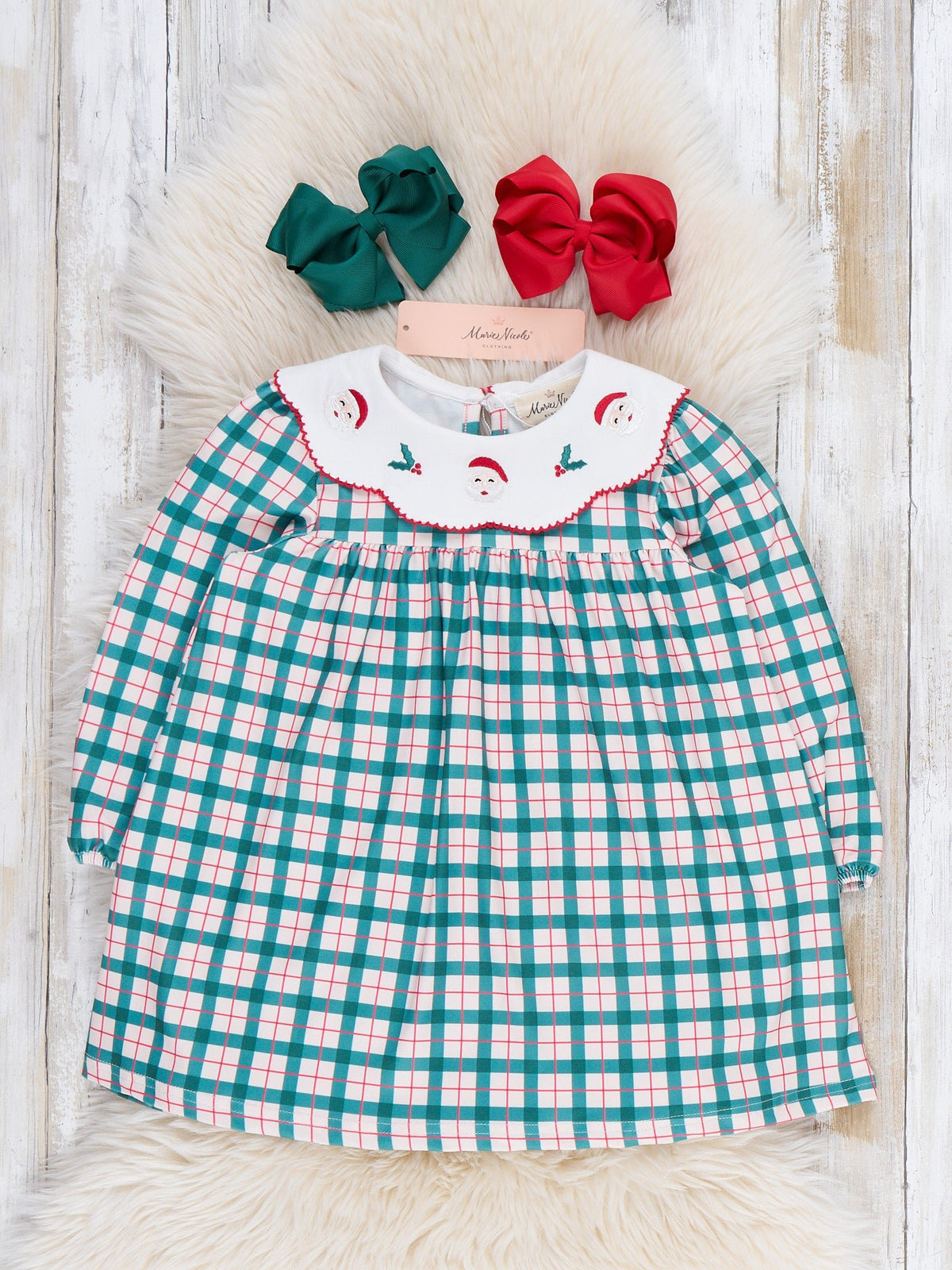 Santa Cheer Embroidered Collar Plaid Dress - Marie Nicole Clothing