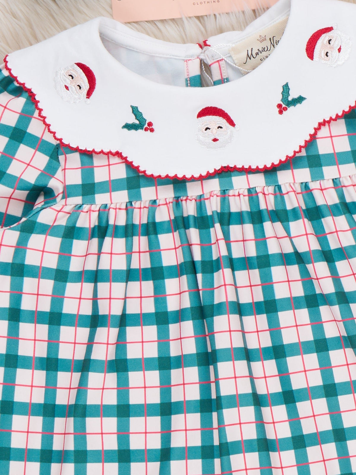 Santa Cheer Embroidered Collar Plaid Dress - Marie Nicole Clothing
