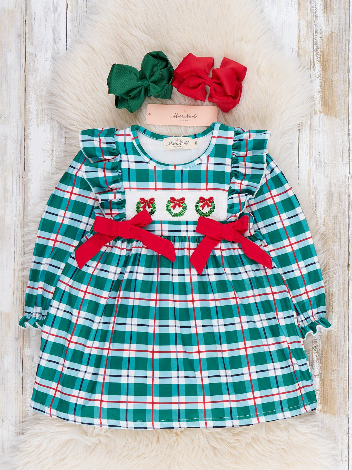 Magic Wreath Smocked Plaid Bow Dress - Marie Nicole Clothing