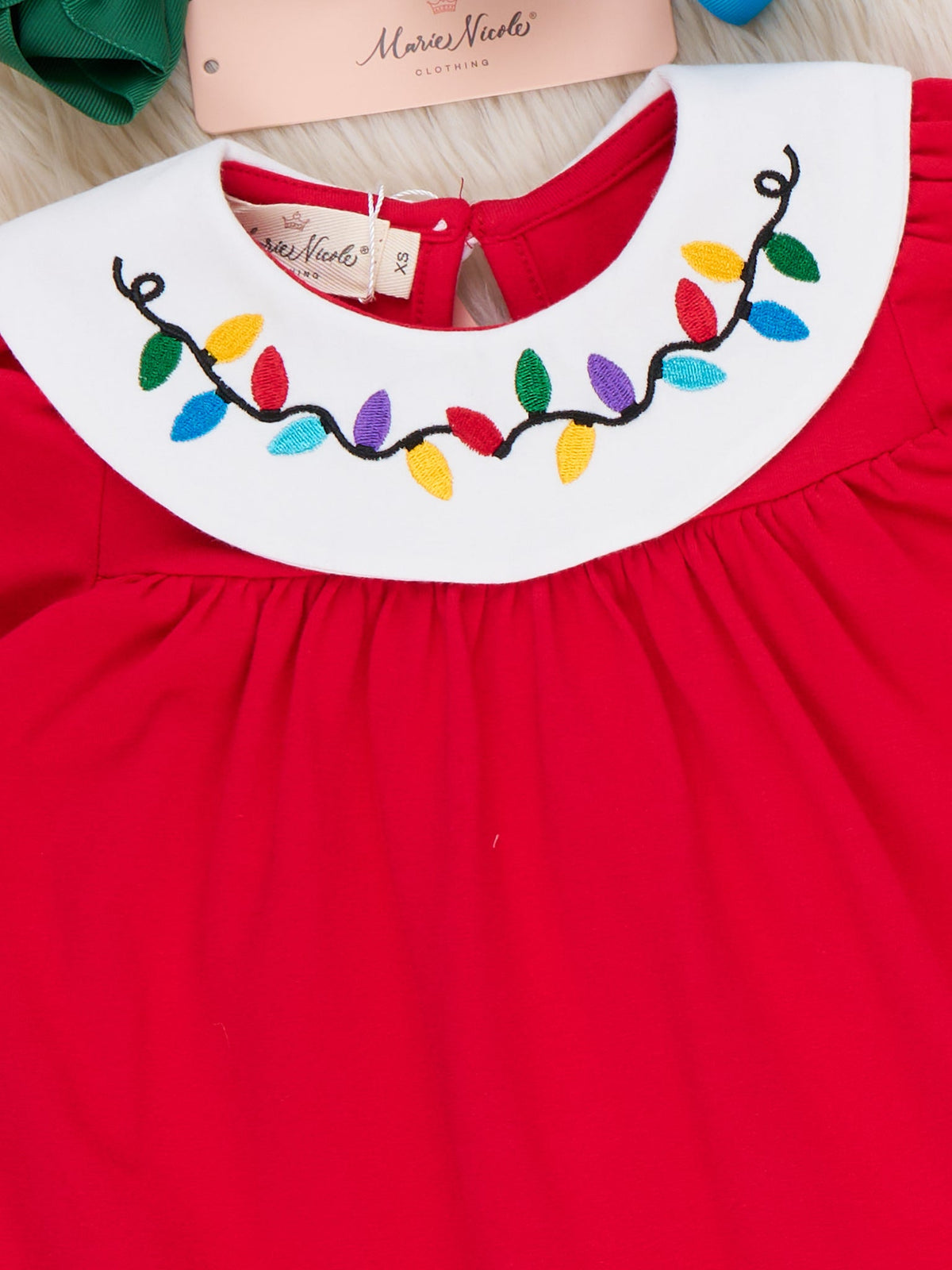Twinkle Lights Christmas Bulb Embroidered Collar Dress - Marie Nicole Clothing