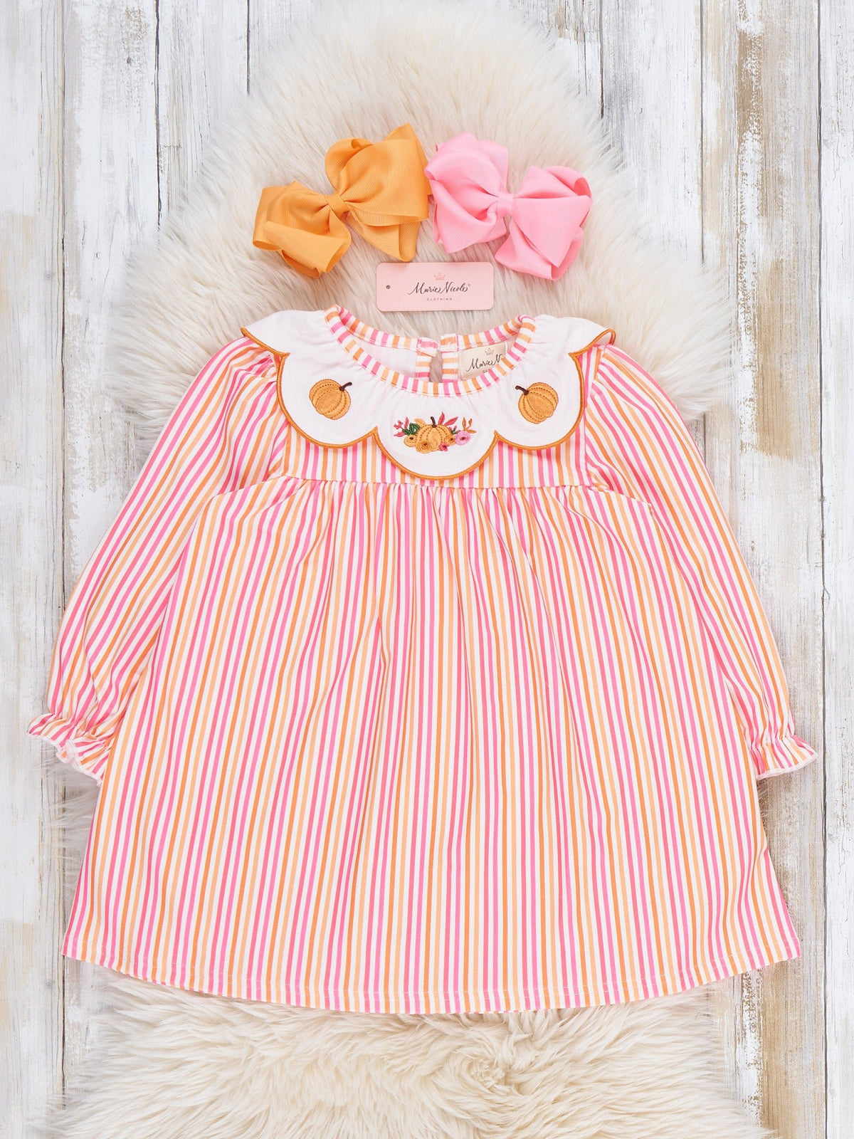 Autumn Stripe Pumpkin Scalloped Collar Dress - Marie Nicole Clothing