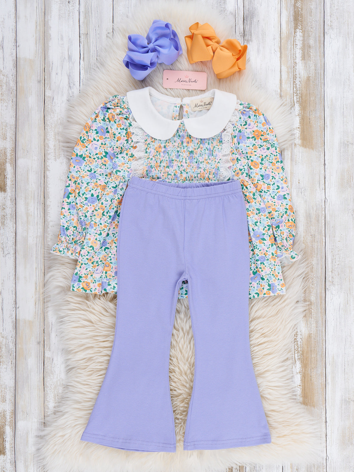 Meadow Smocked Floral Collar Bell Bottom Outfit - Marie Nicole Clothing