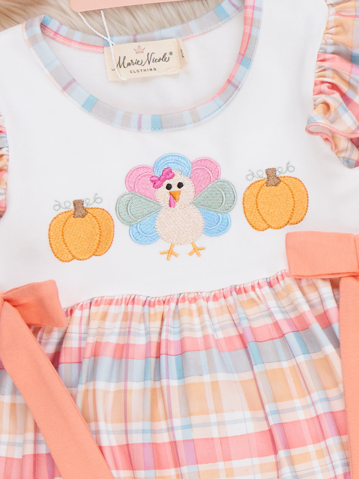 Thankful Pumpkin Plaid Bow Embroidered Outfit - Marie Nicole Clothing