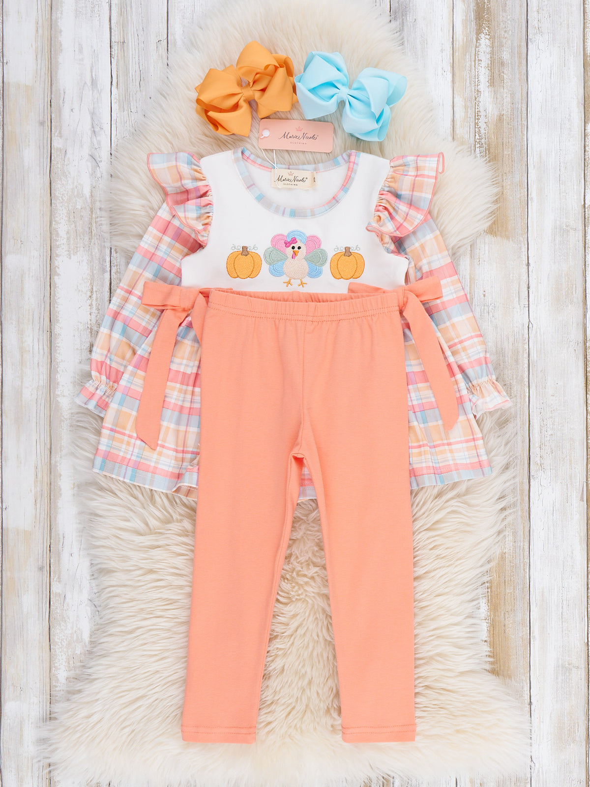 Thankful Pumpkin Plaid Bow Embroidered Outfit - Marie Nicole Clothing