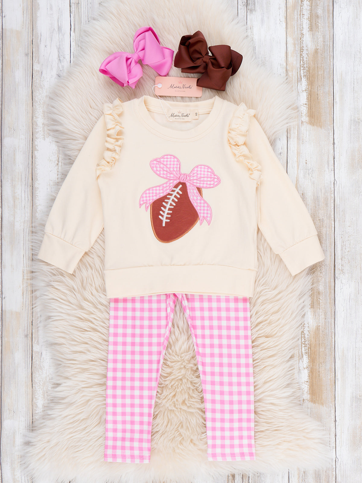 Touchdown Bow Embroidered Gingham Outfit - Marie Nicole Clothing