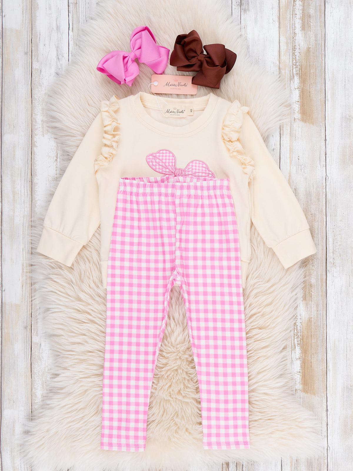 Touchdown Bow Embroidered Gingham Outfit - Marie Nicole Clothing