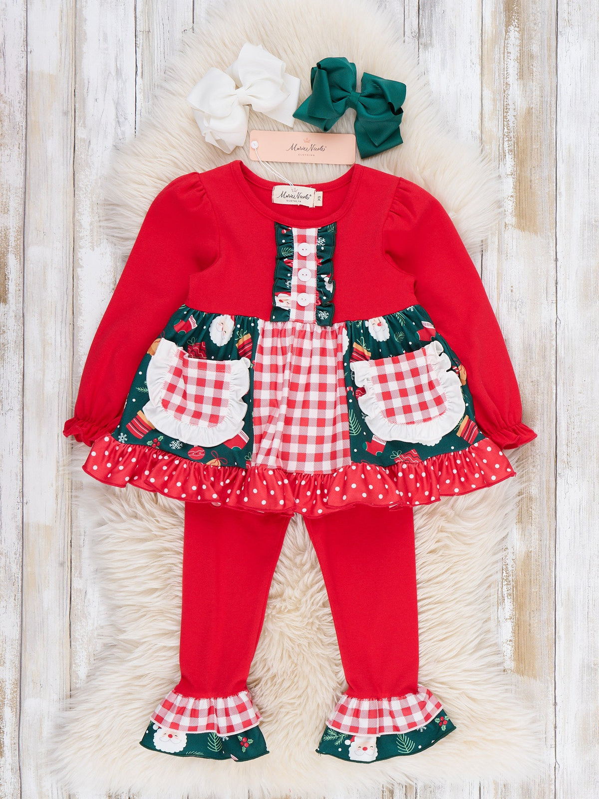 Noelle Santa Plaid Pocket Ruffle Outfit - Marie Nicole Clothing