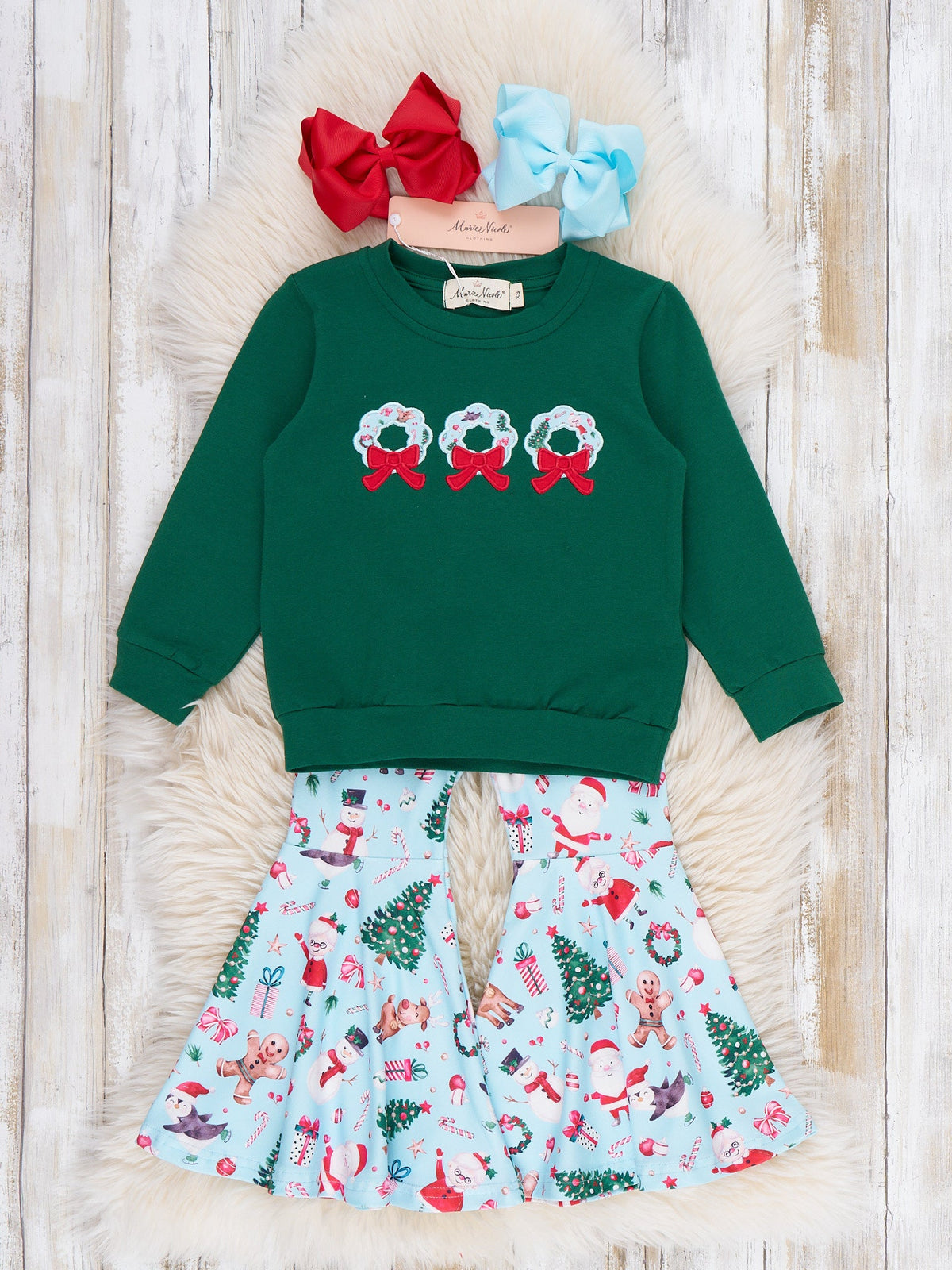 Wreath Wishes Applique Bow Bell Bottom Outfit - Marie Nicole Clothing