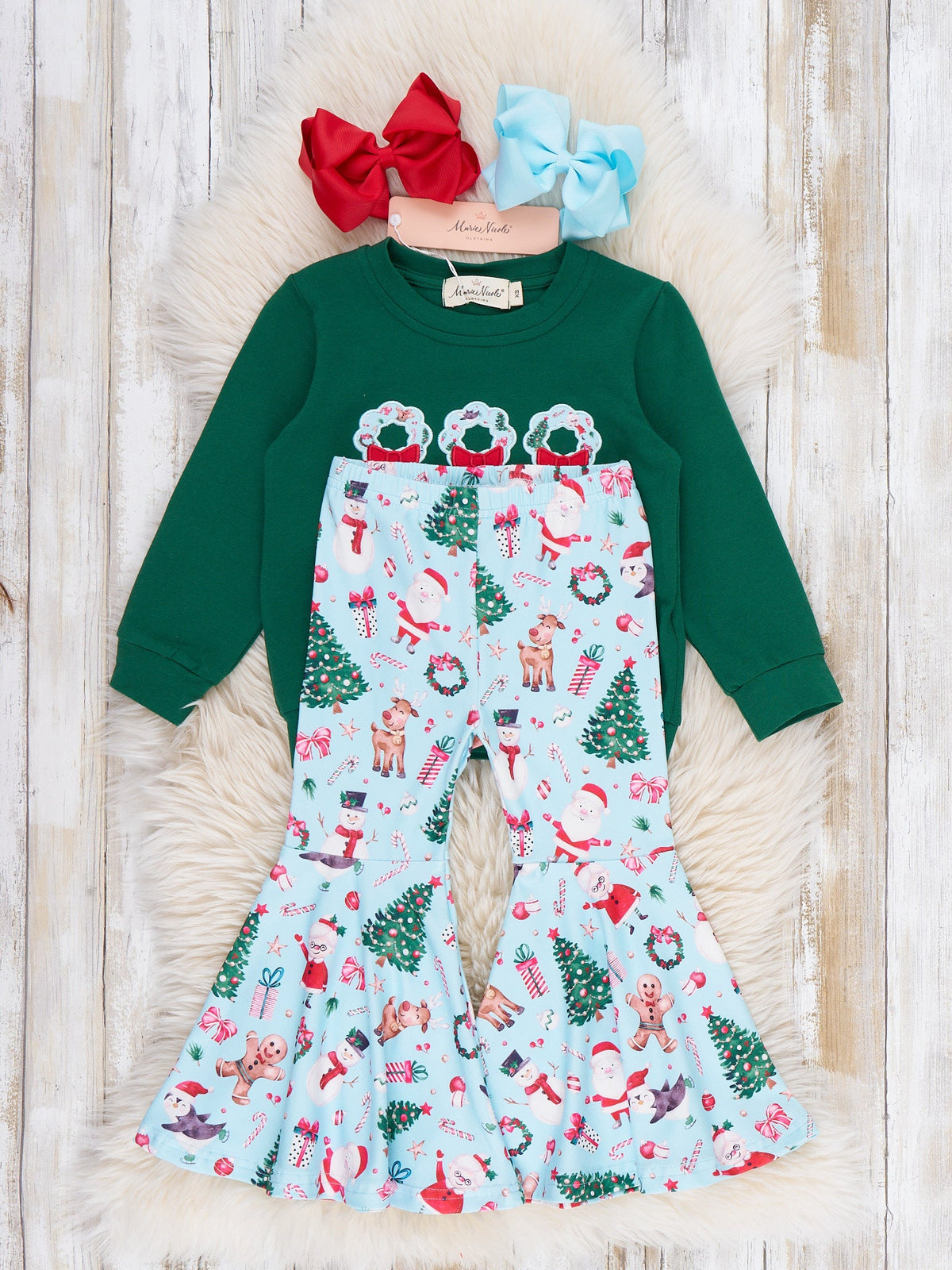 Wreath Wishes Applique Bow Bell Bottom Outfit - Marie Nicole Clothing