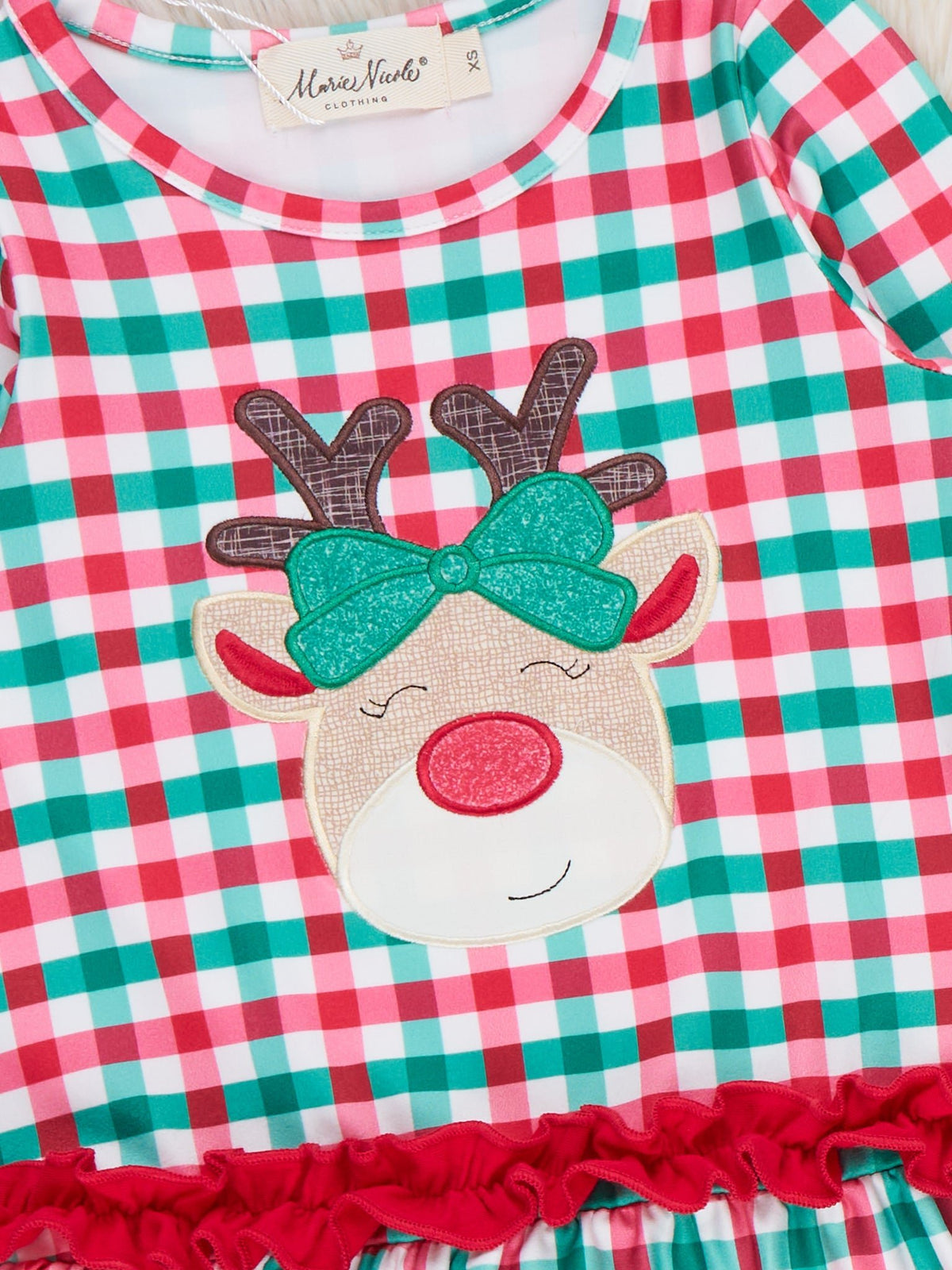 Reindeer Cheer Applique Gingham Ruffle Outfit - Marie Nicole Clothing
