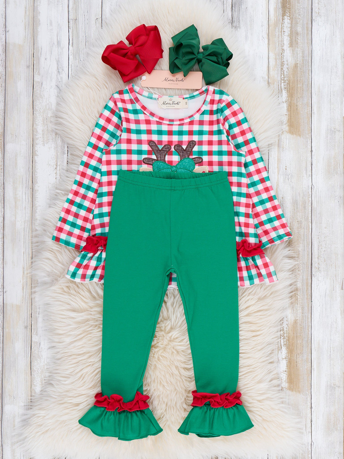 Reindeer Cheer Applique Gingham Ruffle Outfit - Marie Nicole Clothing