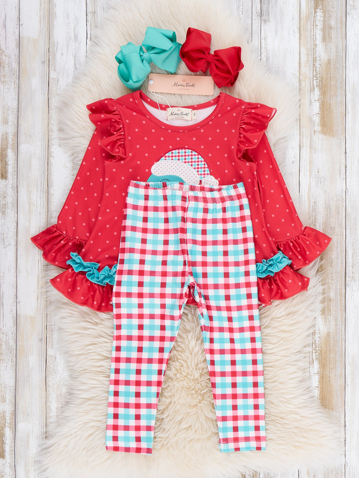 Dino Applique Cheer Christmas Plaid Ruffle Outfit - Marie Nicole Clothing