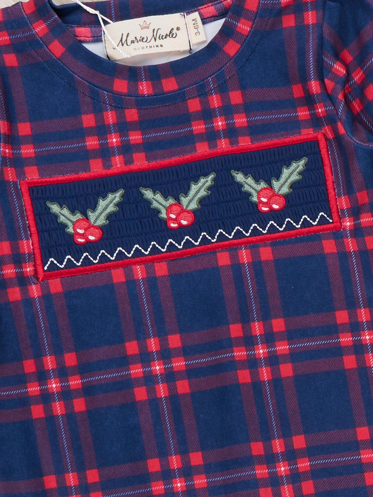 Christmas Holly Smocked Plaid Romper - Marie Nicole Clothing